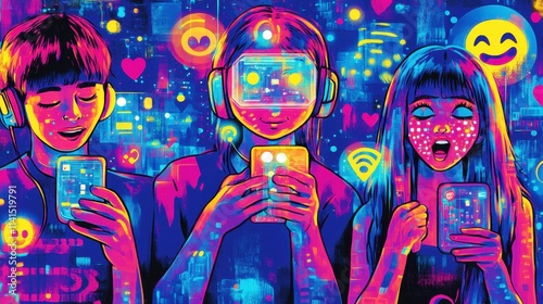 Vibrant Pop Art Depiction of Generation Z Individuals Engaged with Technology and Social Media in a Colorful Digital Environment