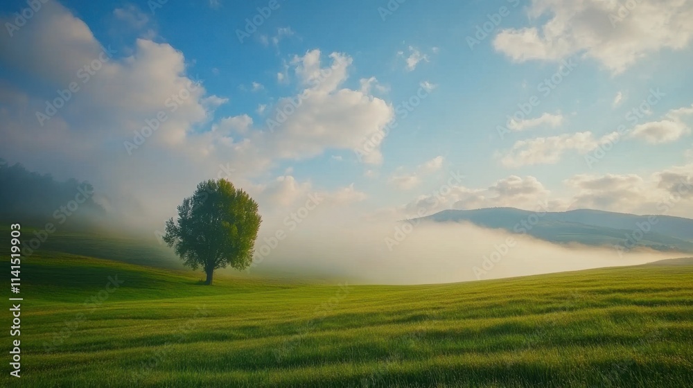 Obraz premium Misty Morning Landscape with Lush Green Field and Solitary Tree