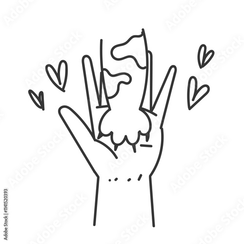 pet paw and human hand in doodle sign cartoon