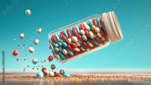 Close-up digital image of colorful pills falling in a vibrant studio health environment photo