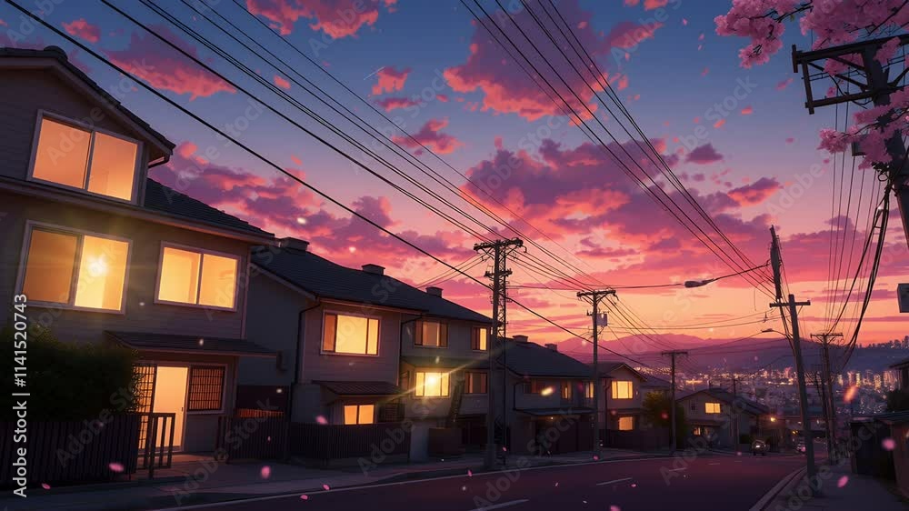 A serene sunset view over a quiet neighborhood with blooming cherry blossoms. A serene sunset view over a quiet neighborhood with blooming cherry blossoms.