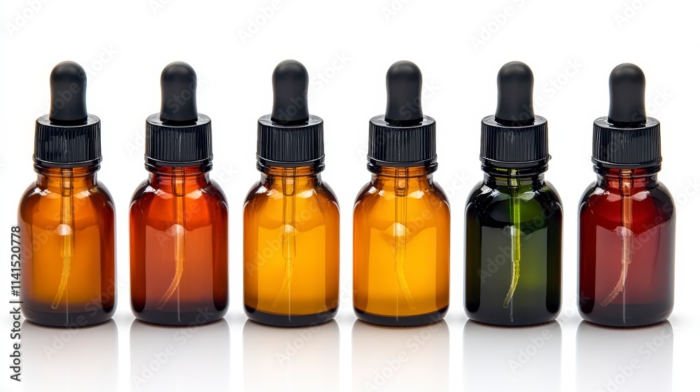 A collection of six glass dropper bottles in varying shades of amber and green, typically used for essential oils or liquid extracts. A collection of six glass dropper bottles in varying shades of amber and green, typically used for essential oils or liquid extracts.