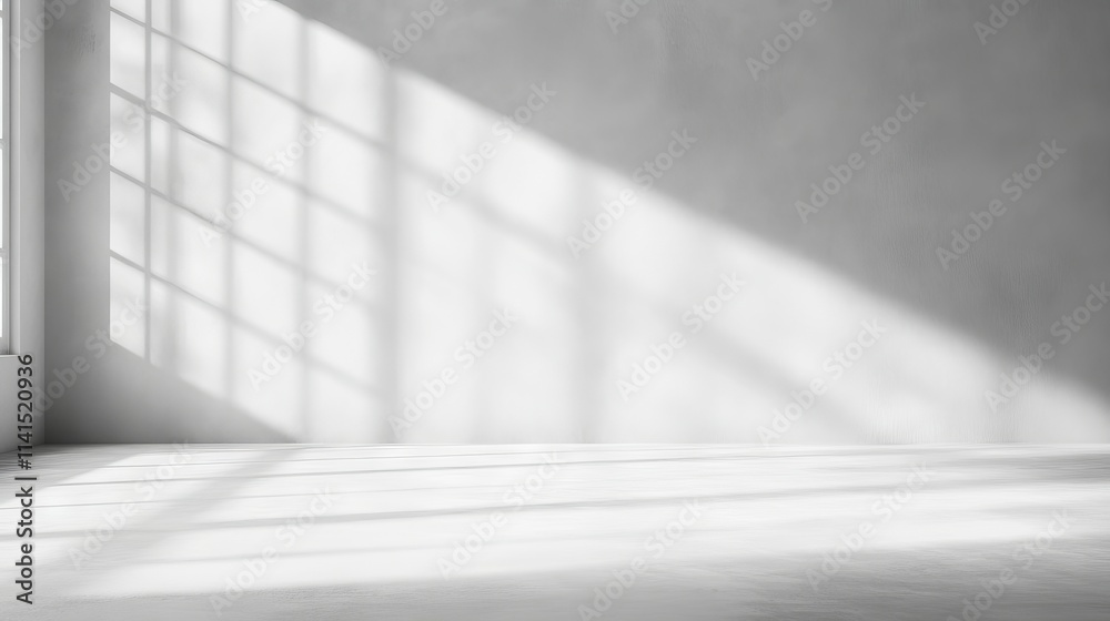 Versatile white and grey studio interior background with product displays and natural window shadows ideal for text insertion, product presentations, and professional photography backdrops Versatile white and grey studio interior background with product displays and natural window shadows ideal for text insertion, product presentations, and professional photography backdrops