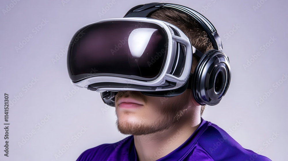 A young man wears a virtual reality headset with headphones, immersed in a digital experience, showcasing the fusion of technology and entertainment. A young man wears a virtual reality headset with headphones, immersed in a digital experience, showcasing the fusion of technology and entertainment.