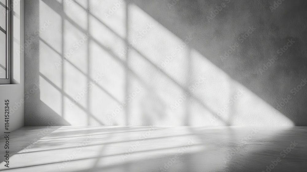 Fototapeta premium Versatile white and grey studio interior background with product displays and natural window shadows ideal for text insertion, product presentations, and professional photography backdrops