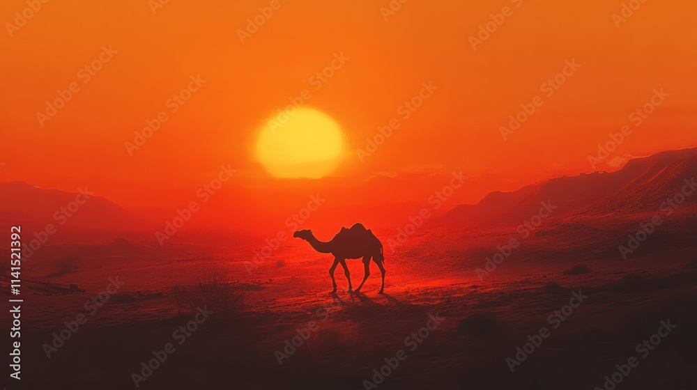 Camel silhouetted against a vibrant sunset in a desert landscape. Camel silhouetted against a vibrant sunset in a desert landscape.