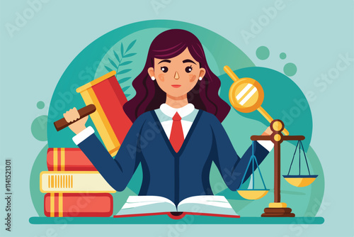 A female judge holds a gavel while surrounded by law books and scales of justice Female judge with lawyer's gavel and law books