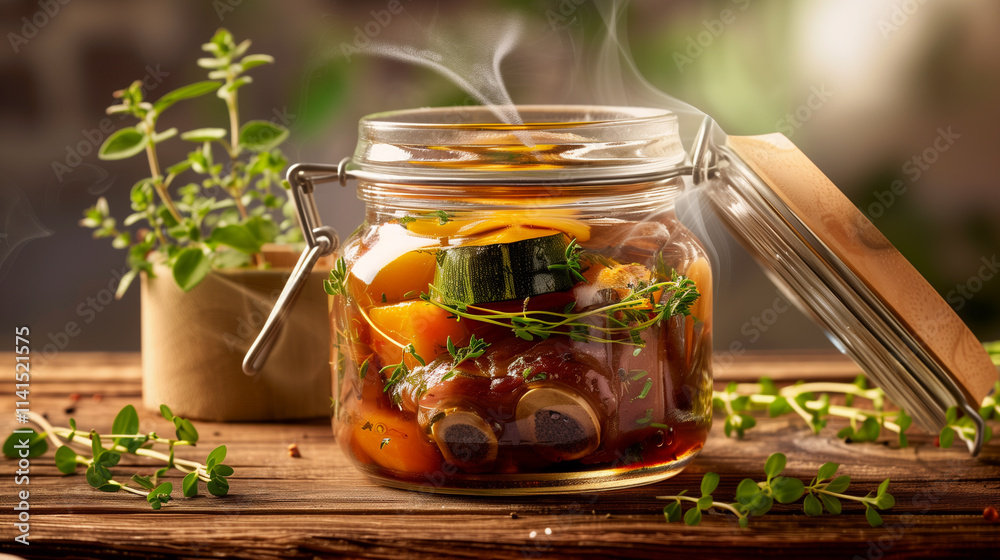 An intricately detailed glass jar featuring a pork knuckle with autumn vegetables steeped in a rich wine and brandy sauce. An intricately detailed glass jar featuring a pork knuckle with autumn vegetables steeped in a rich wine and brandy sauce.