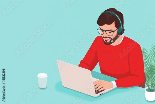 Professional Call Center Agent Working on Laptop with Headset in Modern Office Environment