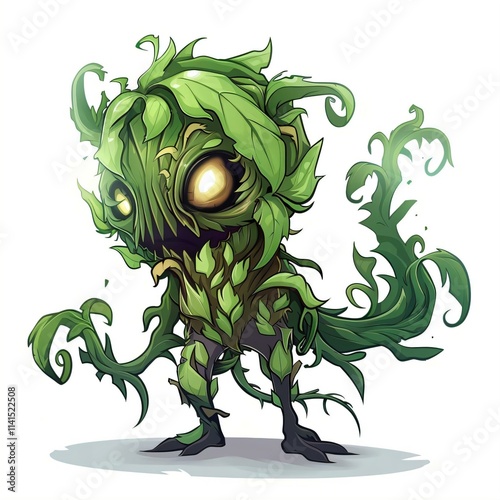 Plant monster glowing yellow eyes vines stands out against white background its open mouth adding touch whimsy photo