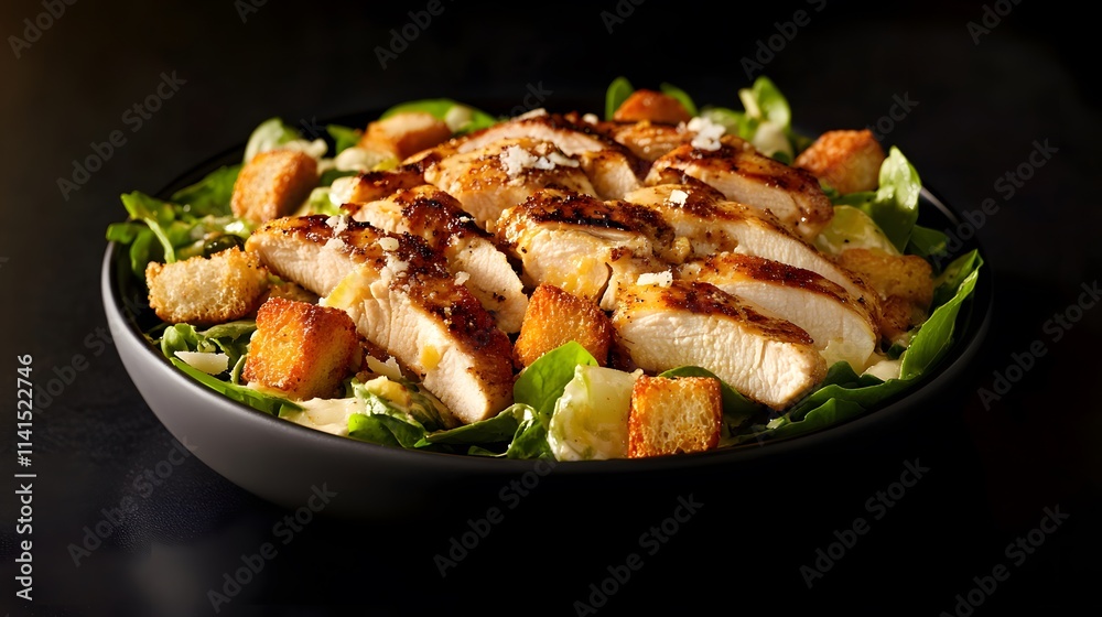 A crispy Caesar salad with grilled chicken croutons A crispy Caesar salad with grilled chicken croutons