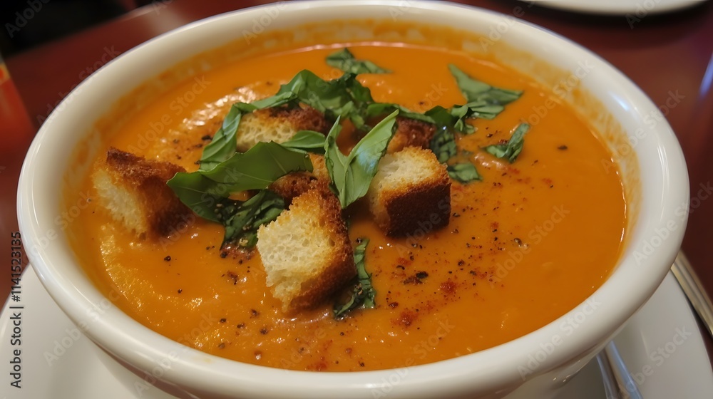 A creamy bowl of tomato bisque soup garnished A creamy bowl of tomato bisque soup garnished