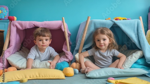Kids Building Indoor Fort with Blankets and Cushions in a Bright Playroom Setting