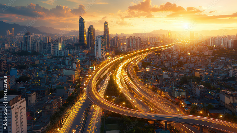 Obraz premium stunning sunset over futuristic cityscape with glowing highways and skyscrapers. vibrant colors create captivating atmosphere