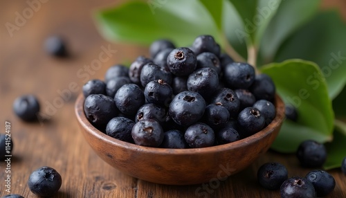 Fresh Acai Berries in Small Bowl Surrounded by Green Leaves