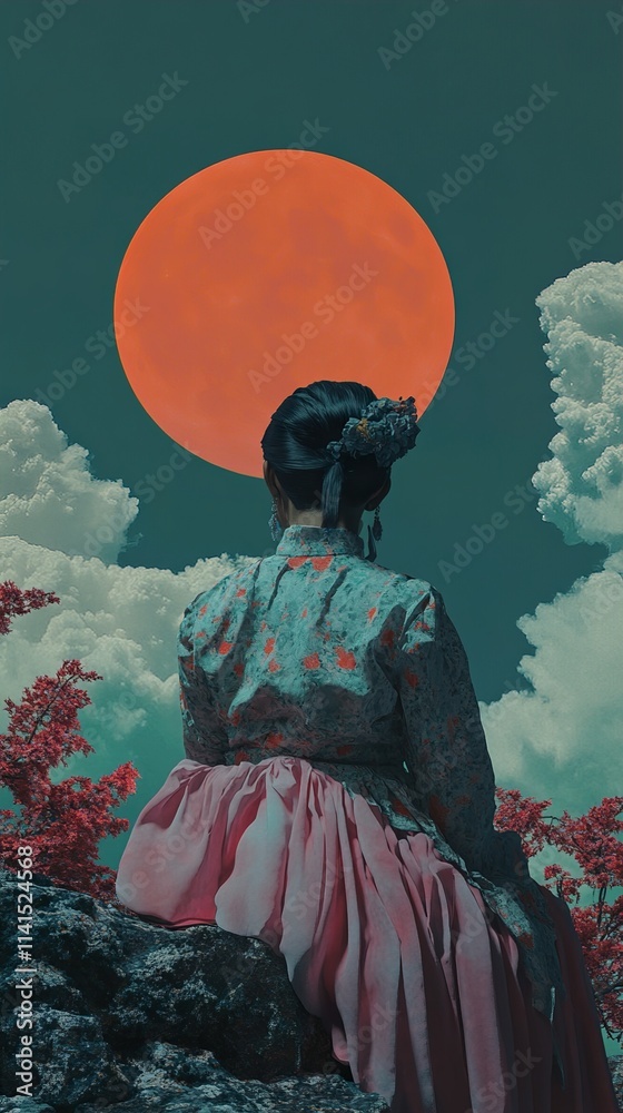 Fototapeta premium Serene Woman in Pink Hanbok under a Red Moon