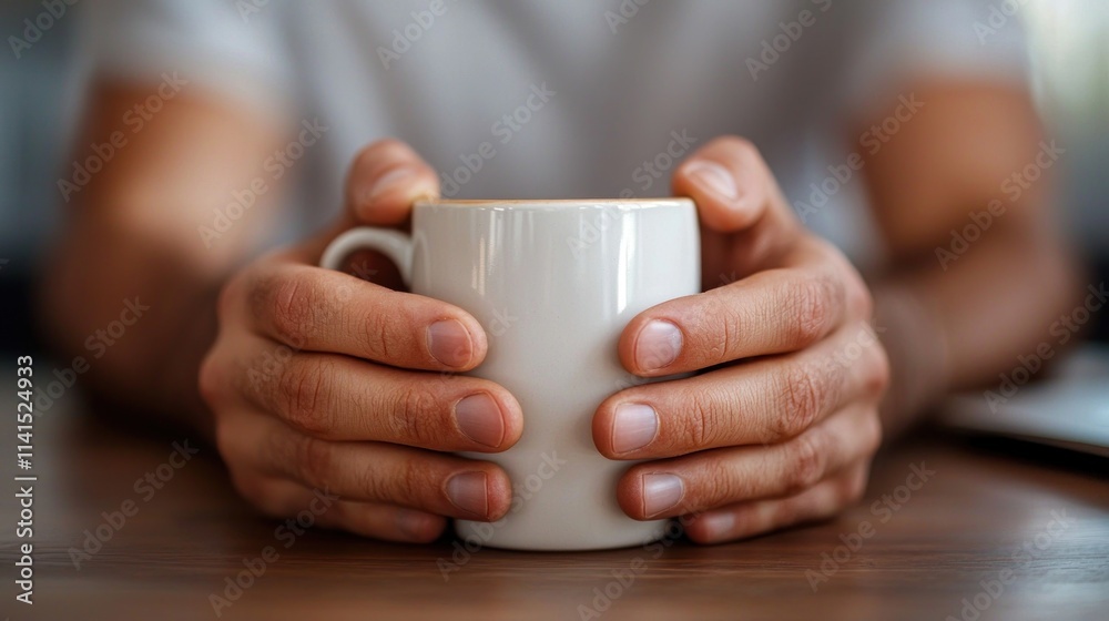 Warm Hands Holding a White Coffee Mug on a Wooden Table, Perfect for Cozy Morning Moments or Relaxing Breaks with a Hot Beverage Warm Hands Holding a White Coffee Mug on a Wooden Table, Perfect for Cozy Morning Moments or Relaxing Breaks with a Hot Beverage