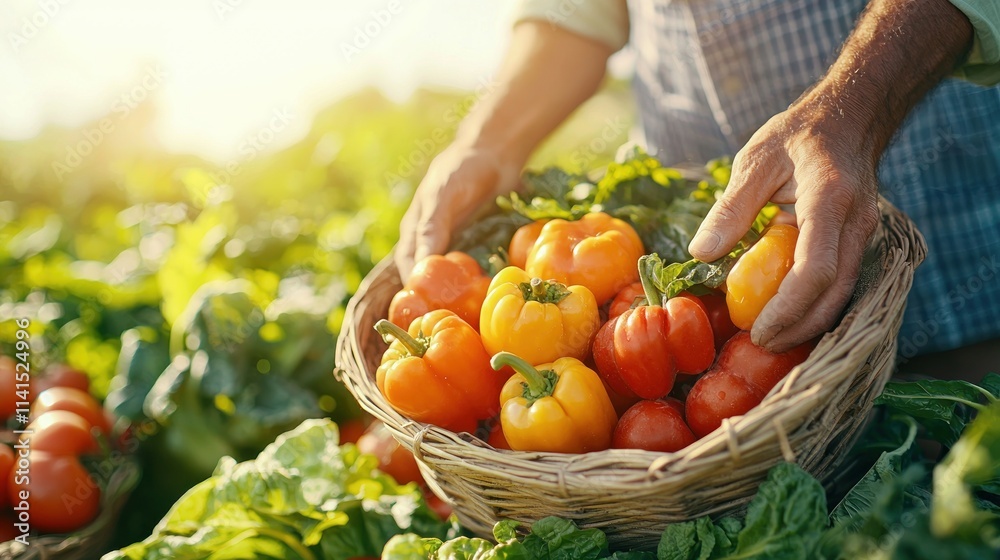Fototapeta premium Harvesting fresh organic peppers in a vibrant garden nature photography outdoor setting