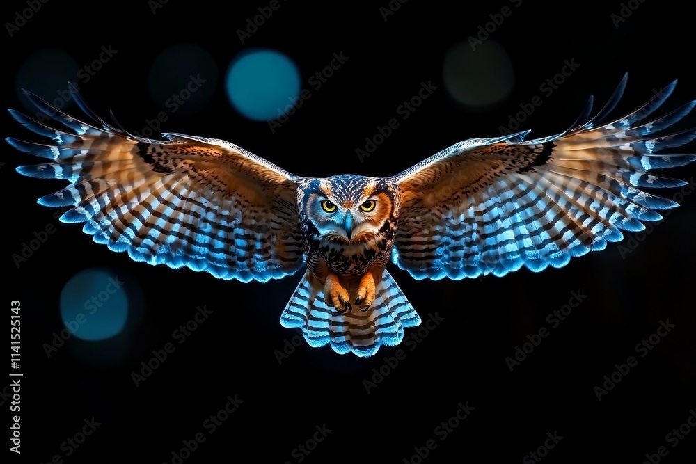 Fototapeta premium An owl feathers forming a beautiful pattern as it spreads its wings to take flight in a twilight forest