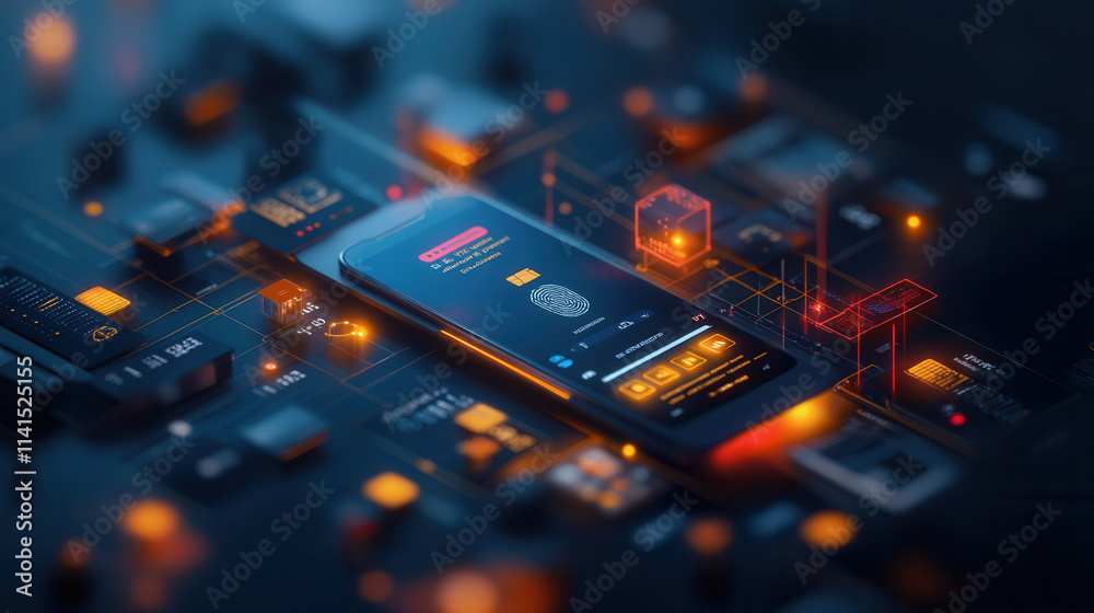 glowing fingerprint scanner on smartphone with digital interface elements, showcasing advanced technology and security features glowing fingerprint scanner on smartphone with digital interface elements, showcasing advanced technology and security features