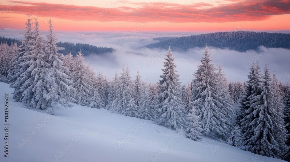Snowy Winter Landscape with Pine Trees and Colorful Sunset Sky Snowy Winter Landscape with Pine Trees and Colorful Sunset Sky