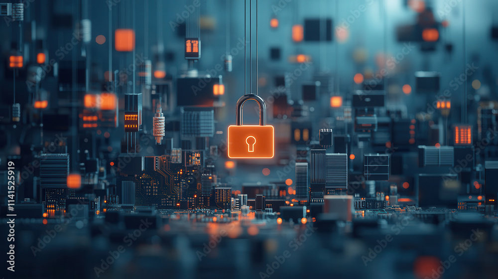 Fototapeta premium glowing holographic padlock floats above futuristic cityscape, symbolizing security and technology