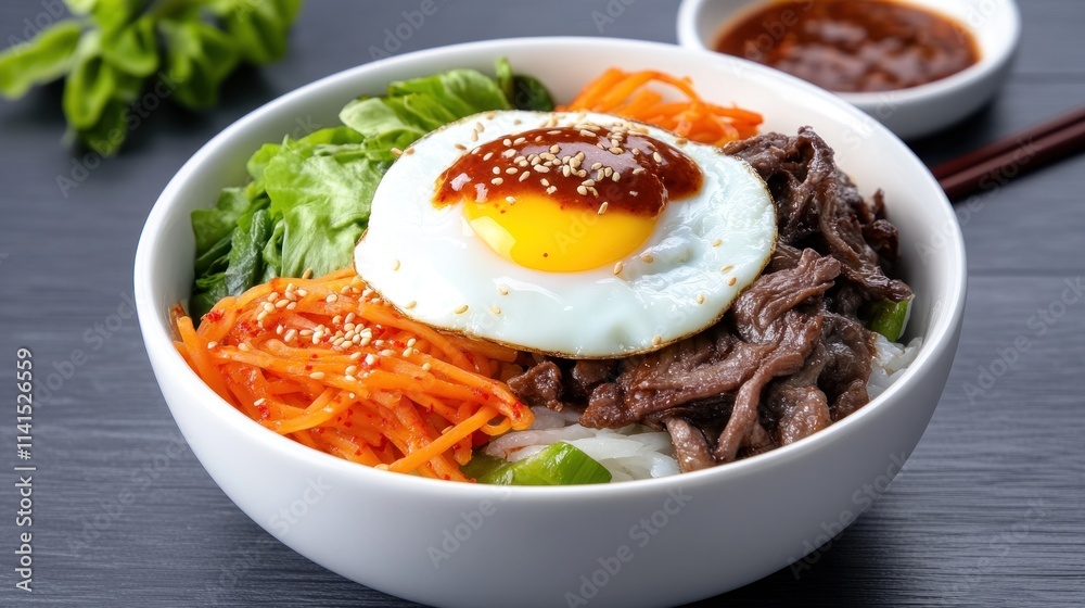 A bowl of beef, vegetables, and a fried egg, garnished with sauce. A bowl of beef, vegetables, and a fried egg, garnished with sauce.