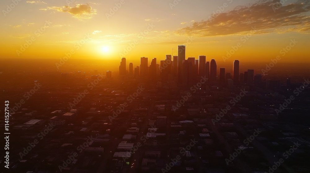 Stunning Aerial View of Houston Skyline at Sunset with Dramatic Lighting Stunning Aerial View of Houston Skyline at Sunset with Dramatic Lighting
