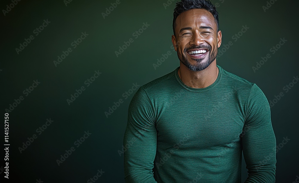 Fototapeta premium A man with a green shirt is smiling and laughing