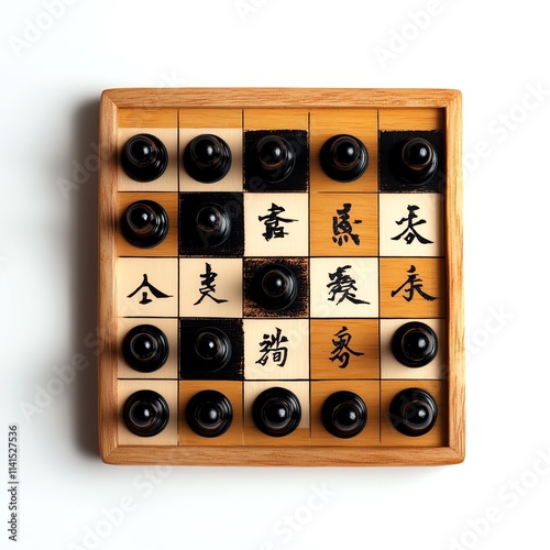 A traditional wooden board game featuring black and white pieces arranged on a grid, showcasing intricate symbols and artistry. Perfect for game enthusiasts and cultural displays. photo