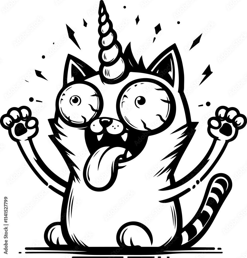 Obraz premium Crazy Unicorn Cat: A cartoon cat with a unicorn horn, wide eyes, and a long tongue sticking out, has gone completely crazy. This hilarious illustration is perfect for memes, social media.