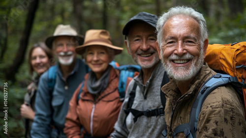 Happy Senior Hikers Smiling in Forest