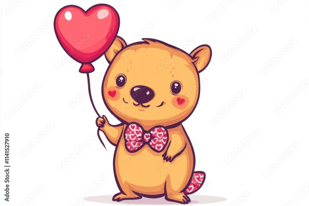 Fototapeta premium A cute cartoon wombat holding a heart-shaped balloon, exuding joy and affection.