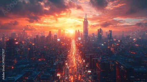 Wallpaper Mural Futuristic city skyline, fiery sunset, illuminated streets. Torontodigital.ca