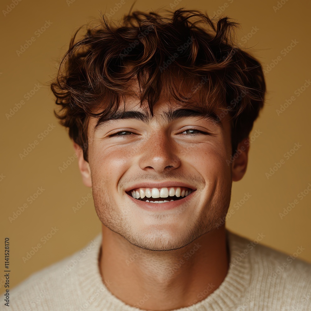 Fototapeta premium A young man with casual t-shirt is smiling at the camera, solid color background