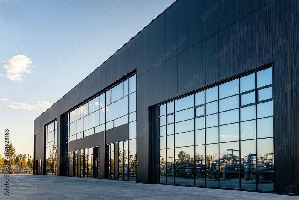 Fototapeta premium Modern industrial prefabricated building featuring sleek steel and glass architecture for contemporary design.