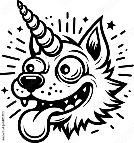 Unicorn Dog:  A whimsical and slightly deranged cartoon illustration of a dog with a unicorn horn, tongue out, and a mischievous grin.  The art style is reminiscent of old school tattoo flash.