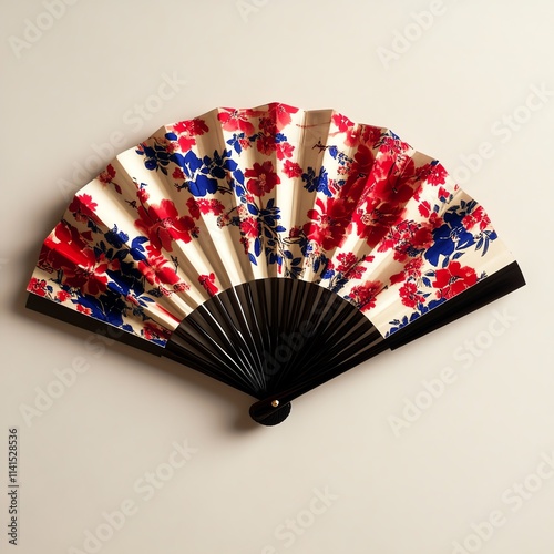 A beautifully designed folding fan with intricate floral patterns in red and blue. Ideal for decorative purposes or cultural events, set against a clean, white background. photo