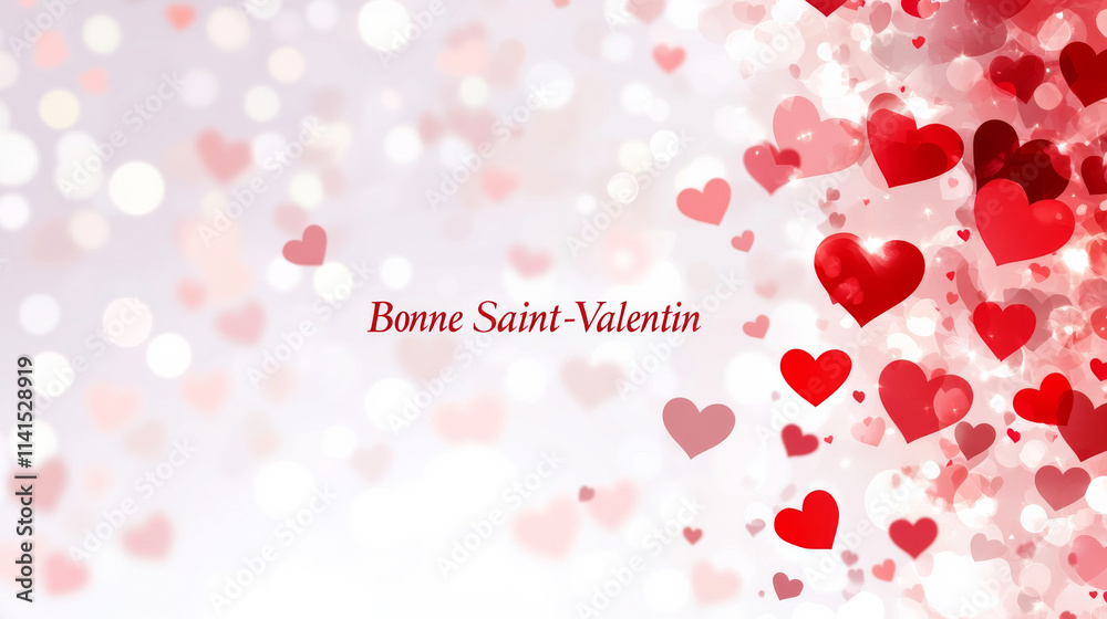 Obraz premium Happy Valentine's Day banner background with written in French language Bonne Saint-Valentin , minimalist love and Valentine card with red hearts and copy space