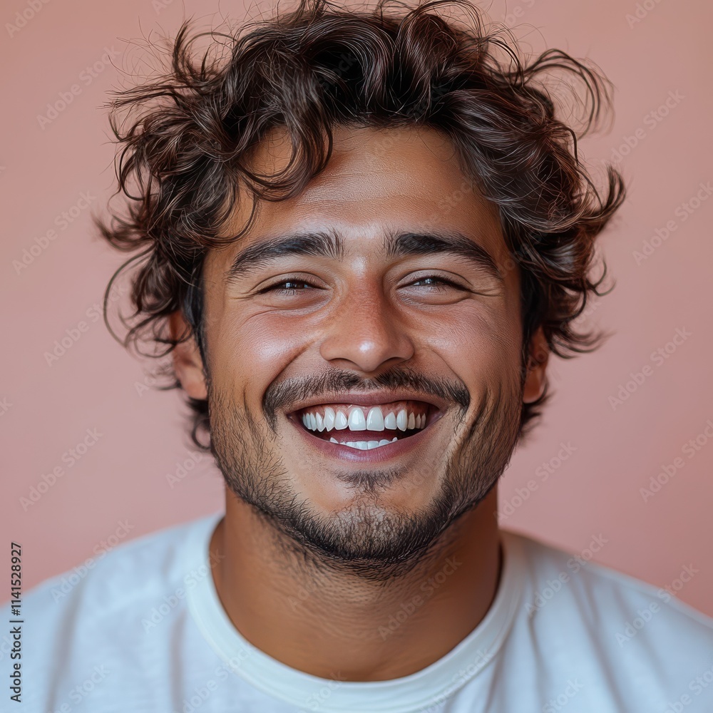 A young man with casual t-shirt is smiling at the camera, solid color background A young man with casual t-shirt is smiling at the camera, solid color background