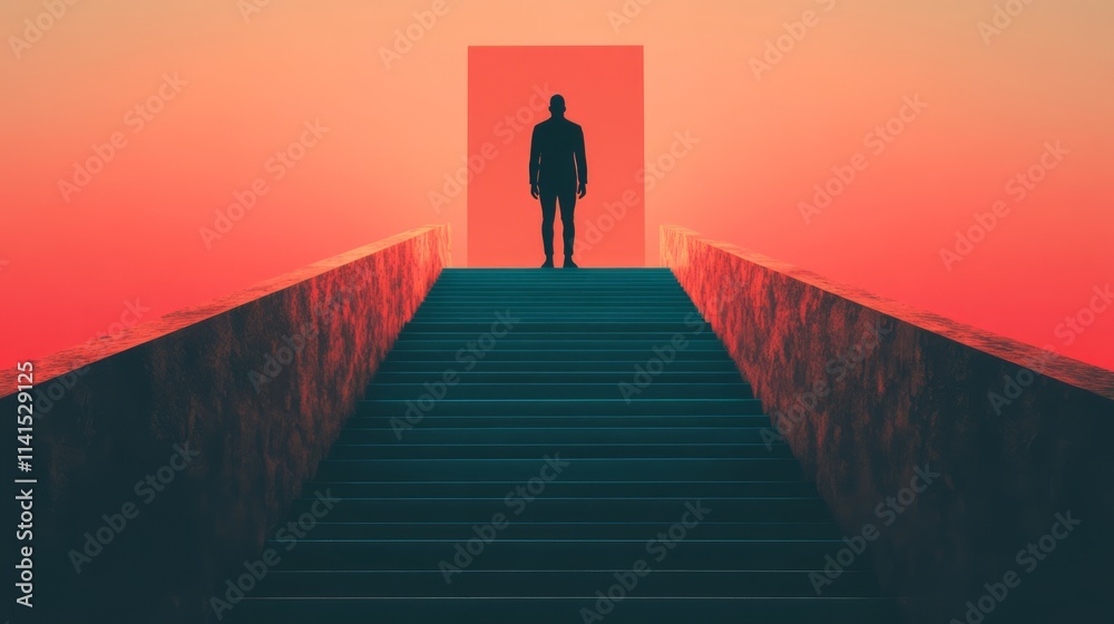 A silhouette of a person standing at the top of stairs leading to an orange and pink abstract doorway under a dramatic sunset sky, symbolizing hope and new beginnings A silhouette of a person standing at the top of stairs leading to an orange and pink abstract doorway under a dramatic sunset sky, symbolizing hope and new beginnings