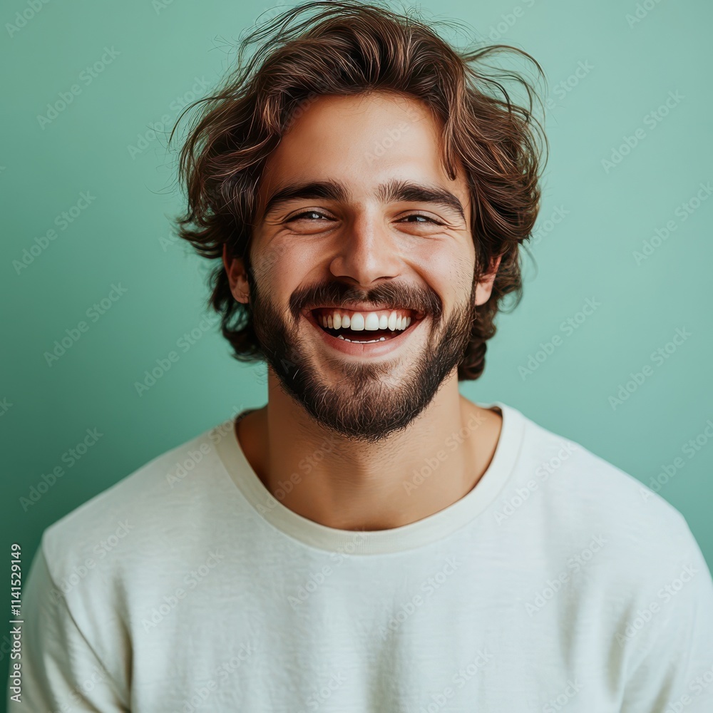 A young man with casual t-shirt is smiling at the camera, solid color background