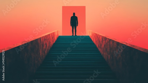 A silhouette of a person standing at the top of stairs leading to an orange and pink abstract doorway under a dramatic sunset sky, symbolizing hope and new beginnings