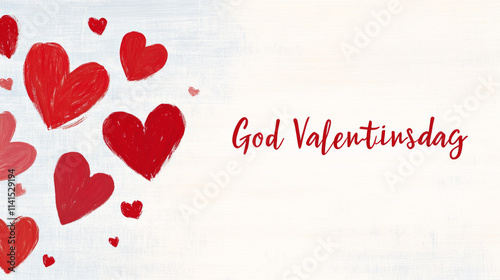 Happy Valentine's Day banner background with written in Norwegian language God Valentinsdag , minimalist love and Valentine card with red hearts and copy space photo