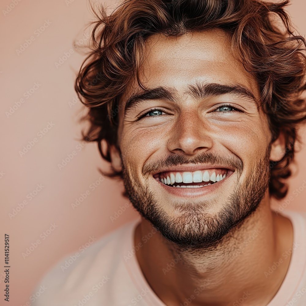Fototapeta premium A young man with casual t-shirt is smiling at the camera, solid color background