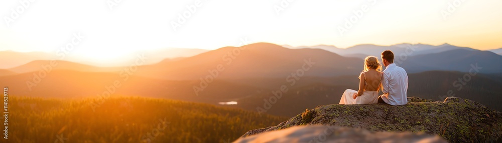 A romantic couple enjoying a sunset view while sitting on a rock, surrounded by scenic mountains, capturing a moment of love and tranquility in nature. A romantic couple enjoying a sunset view while sitting on a rock, surrounded by scenic mountains, capturing a moment of love and tranquility in nature.