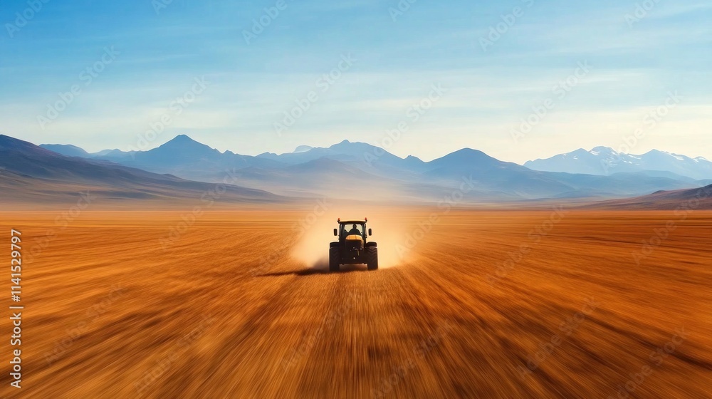 Fototapeta premium Tractor working the soil desert landscape aerial photography clear skies agricultural concept Blur Background