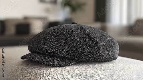 Tableau sur toile Stylish Herringbone Pattern Newsboy Cap on a Sofa