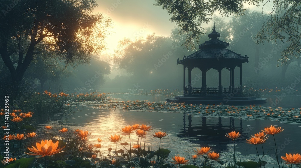 Fototapeta premium Serene gazebo, lotus flowers, misty lake, sunset.