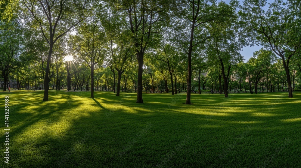 Serene Sunlit Park Scene with Lush Green Grass and Towering Trees Serene Sunlit Park Scene with Lush Green Grass and Towering Trees